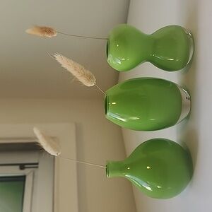 Petite Trio of MCM Hand blown glass bud vases, 4 in